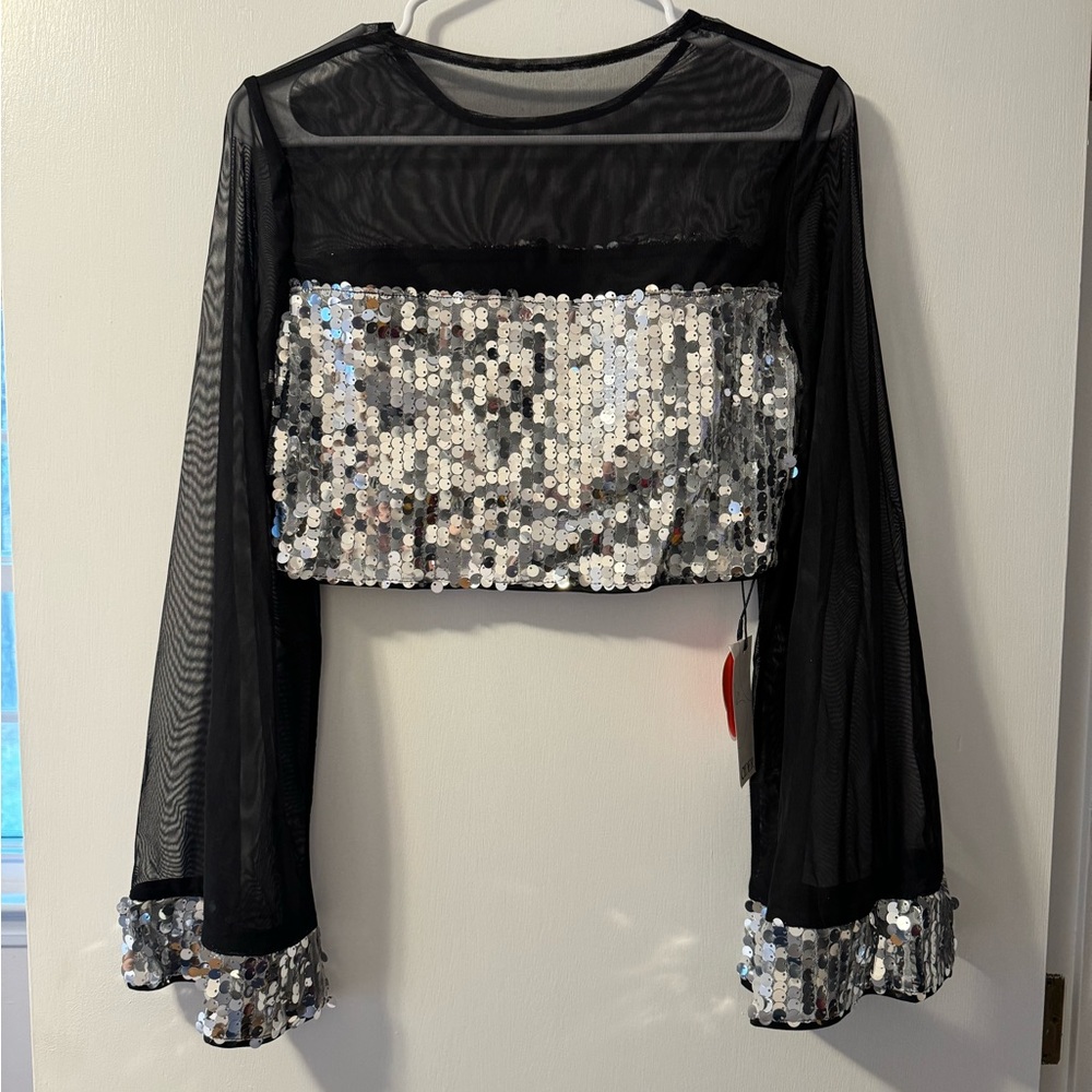 Cider Black Mesh Crop Top with Silver Sequins- NWT